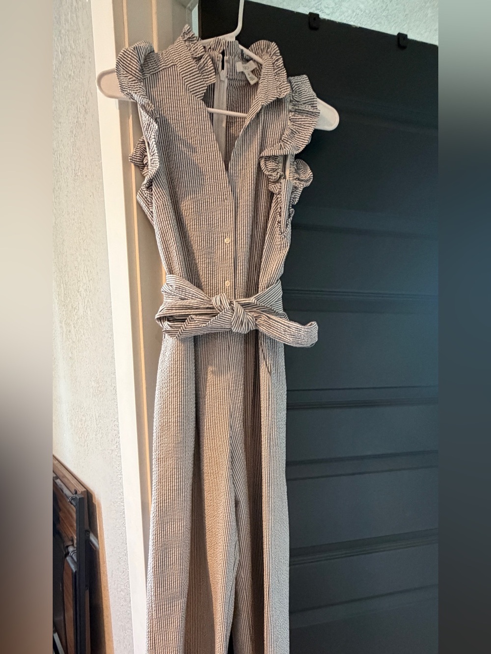 Striped Blue Seersucker Ruffle-Sleeve Tie-Waist Jumpsuit